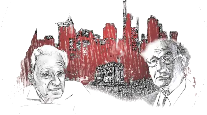 Vereinslogo, das die graphisch stilisierten Köpfe von Marcuse und Löwenthal zeigt. Im Hintergrund die aktuelle
                                Frankfurter Skyline und das Institut für Sozialforschung.